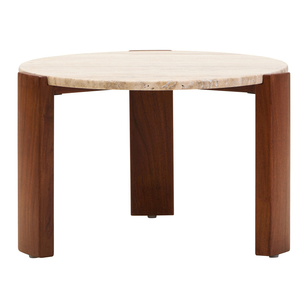 Cream Travertine Round Coffee Table with Acacia Wood Legs