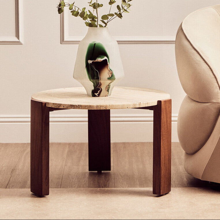 Cream Travertine Round Coffee Table with Acacia Wood Legs