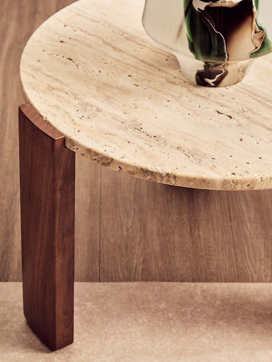 Cream Travertine Round Coffee Table with Acacia Wood Legs