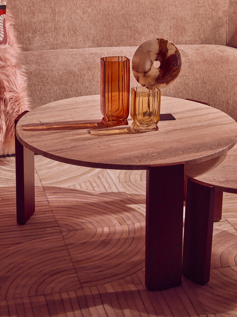 Cream Travertine Round Coffee Table with Acacia Wood Legs