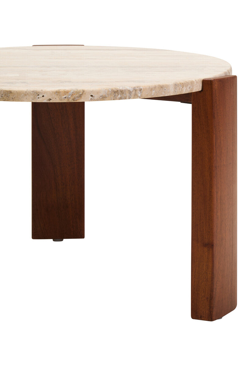 Cream Travertine Round Coffee Table with Acacia Wood Legs