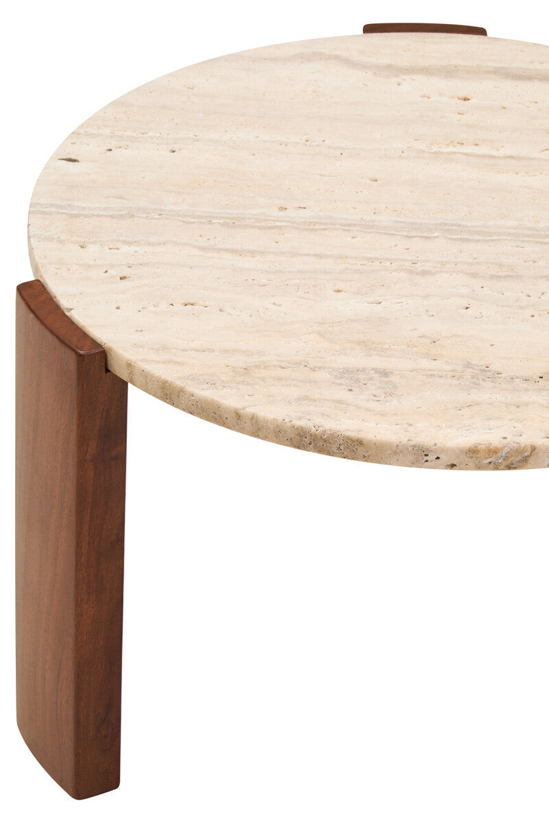 Cream Travertine Round Coffee Table with Acacia Wood Legs