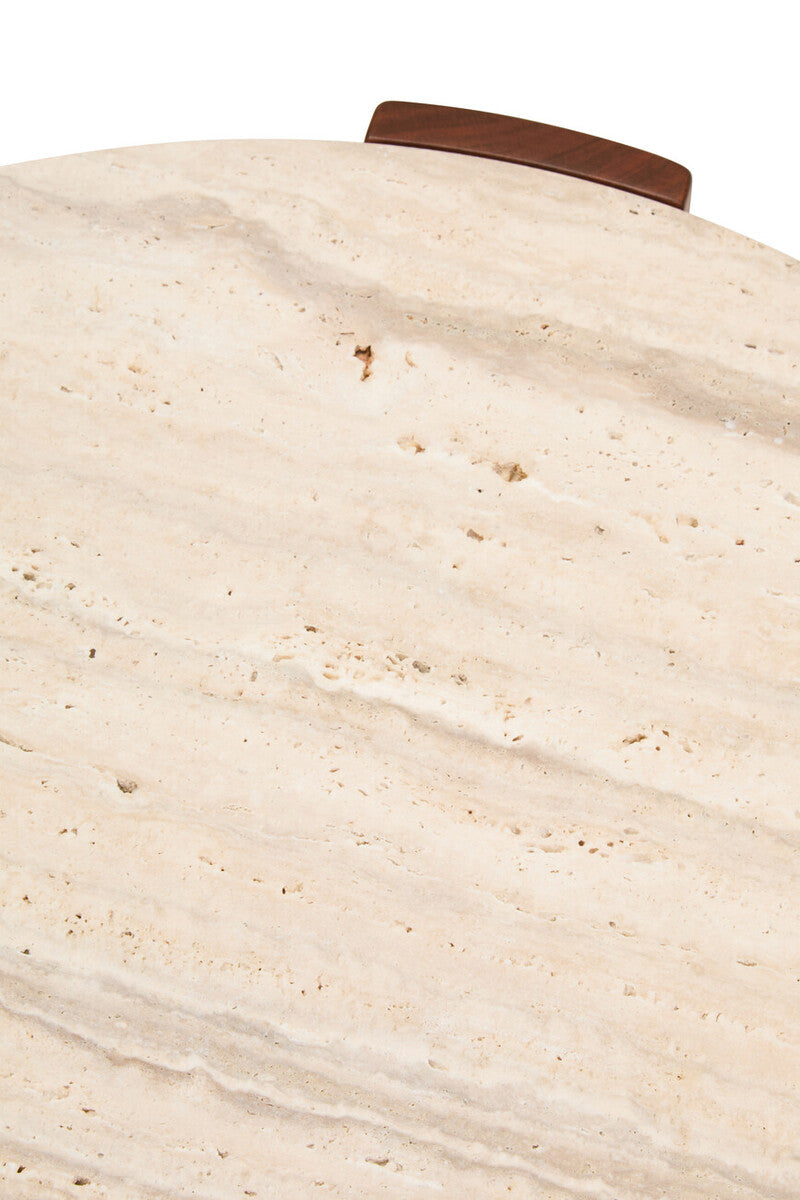 Cream Travertine Round Coffee Table with Acacia Wood Legs