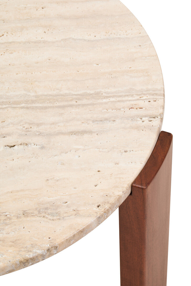 Cream Travertine Round Coffee Table with Acacia Wood Legs