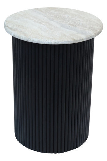 Cream Polished Travertine Top Side Table with Black Ridged Wood Base