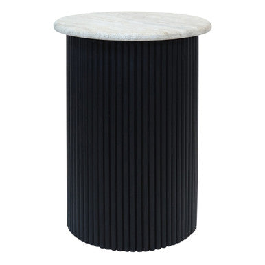 Cream Polished Travertine Top Side Table with Black Ridged Wood Base