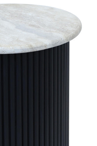 Cream Polished Travertine Top Side Table with Black Ridged Wood Base