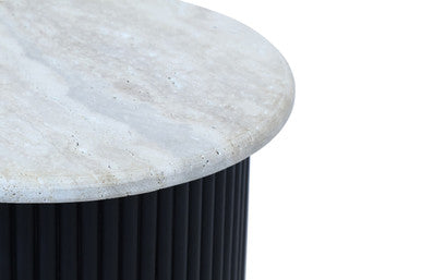 Cream Polished Travertine Top Side Table with Black Ridged Wood Base