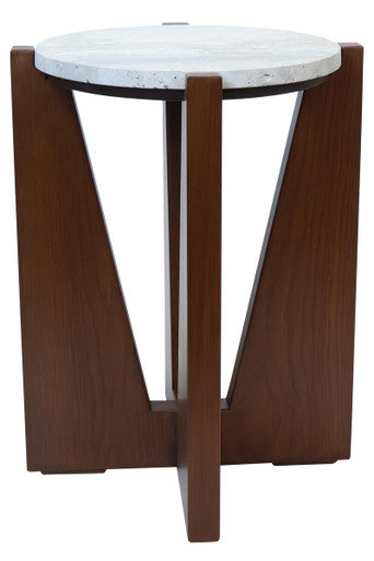 Cream Travertine Top Side Table with Brown Acacia Wood Geometric Frame