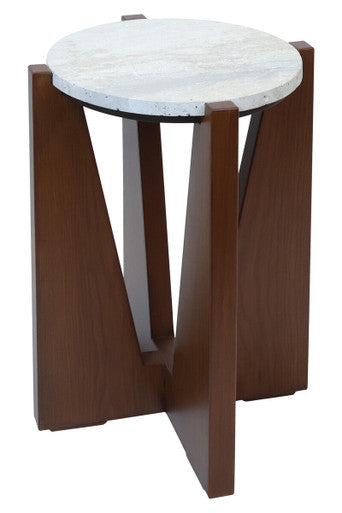 Cream Travertine Top Side Table with Brown Acacia Wood Geometric Frame