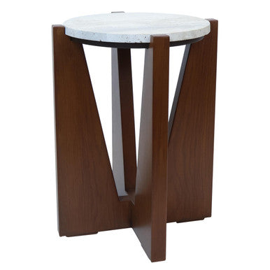 Cream Travertine Top Side Table with Brown Acacia Wood Geometric Frame