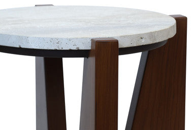 Cream Travertine Top Side Table with Brown Acacia Wood Geometric Frame