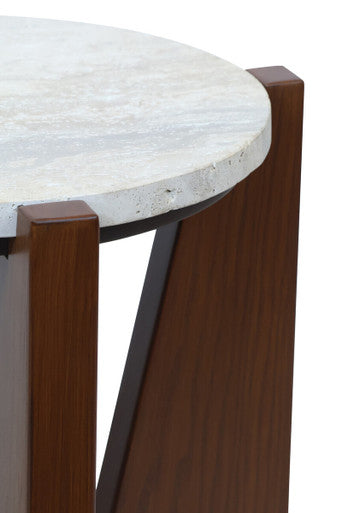 Cream Travertine Top Side Table with Brown Acacia Wood Geometric Frame
