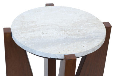 Cream Travertine Top Side Table with Brown Acacia Wood Geometric Frame