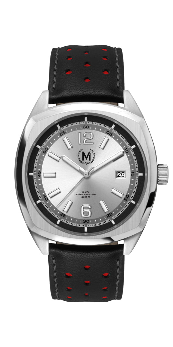 Silver Dial Driver Watch with Black and Red Leather Strap