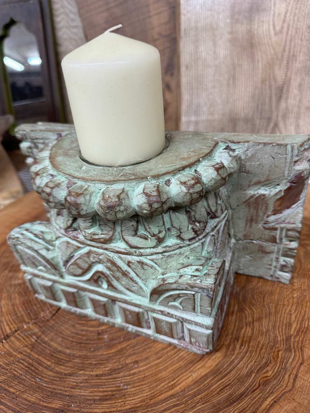 Rustic Church Candle Holder / Indian Pillar Base Holder / Farmhouse Decor Green