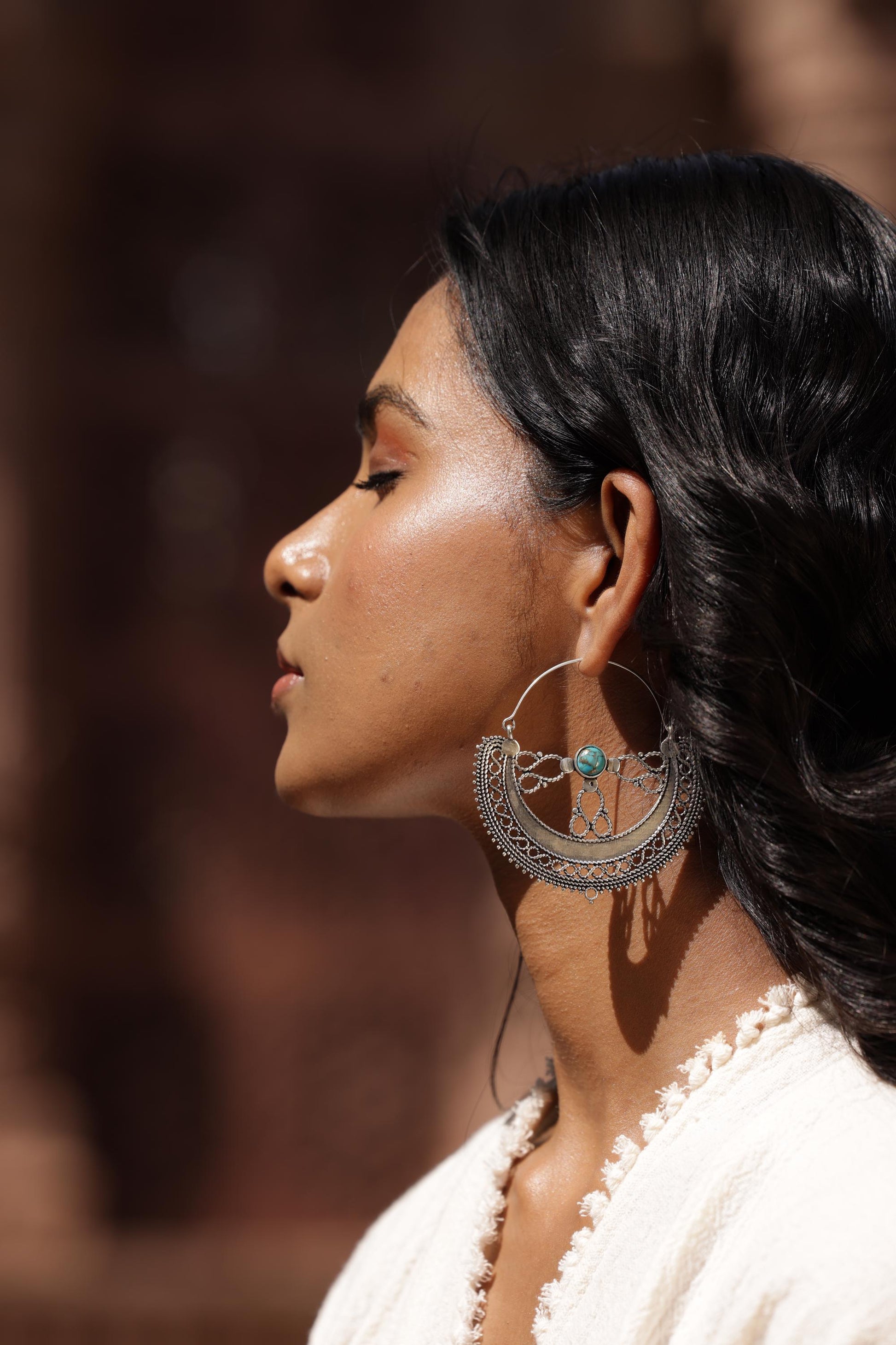 Filigree Crescent Moon Earrings with Gemstone