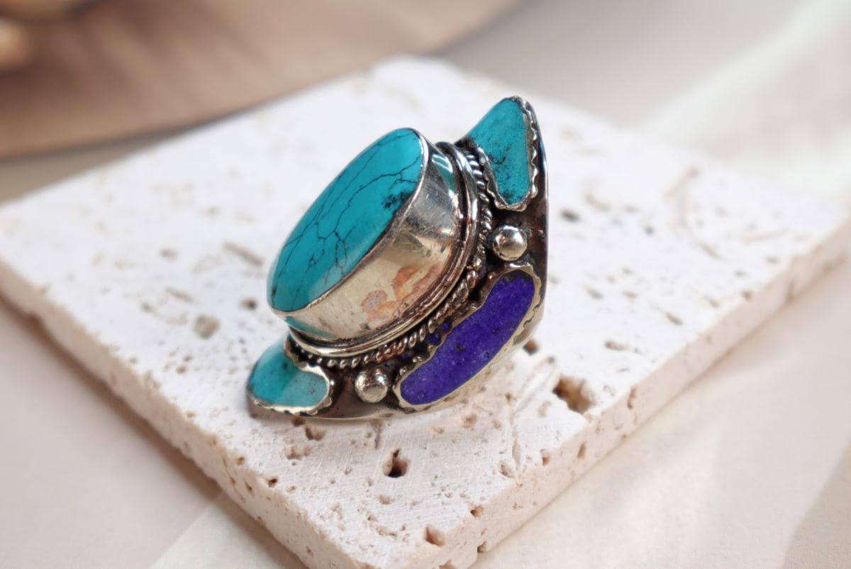 Large Silver Mosaic Rings with Turquoise, Coral and Lapis Inlay