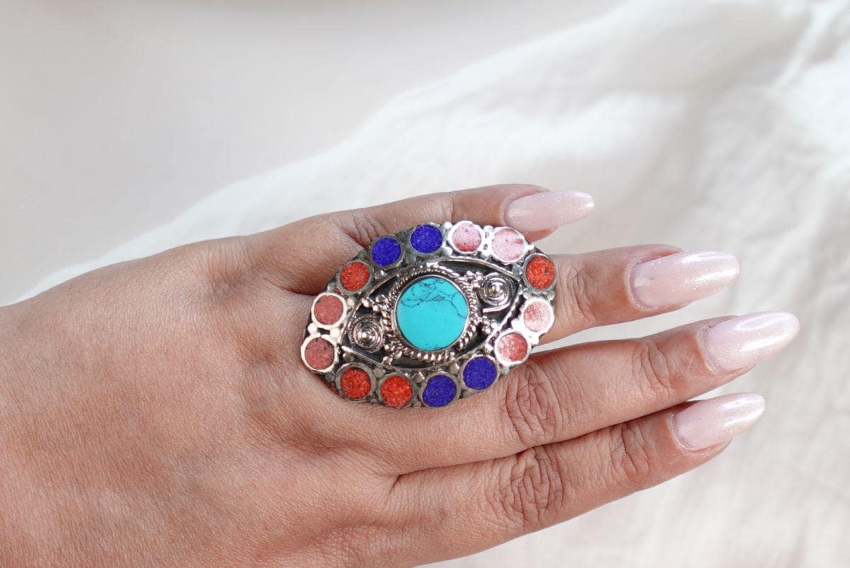 Bohemian Turquoise Statement Ring with Multicolor Inlays