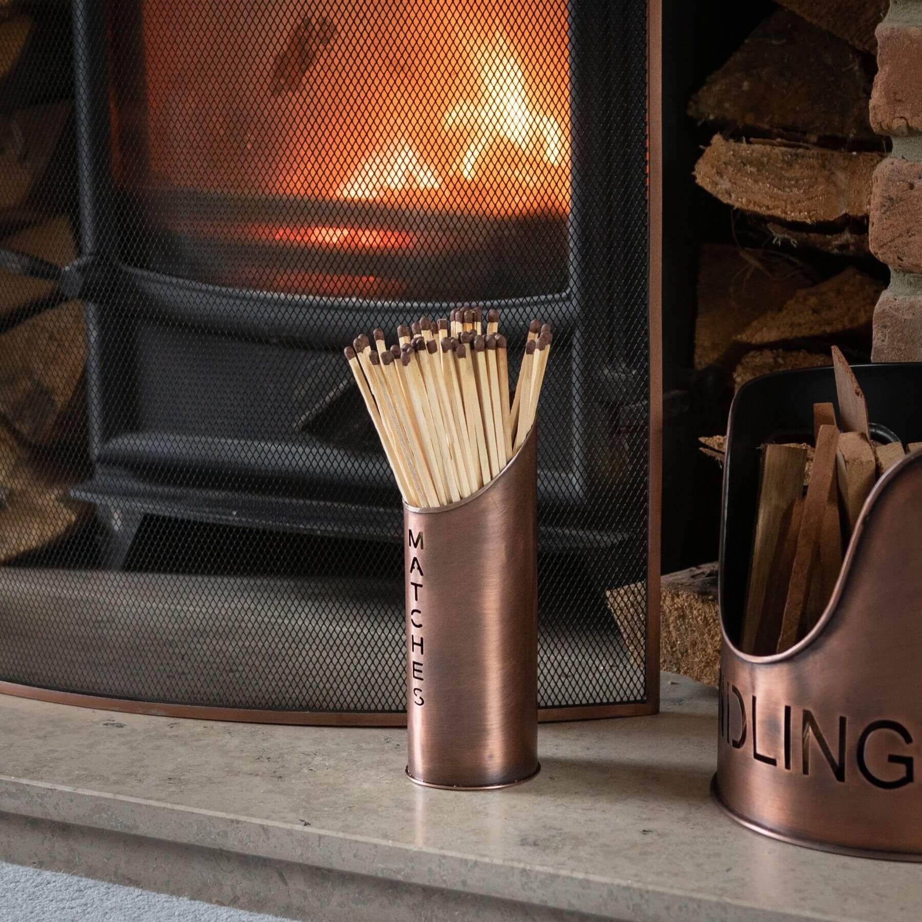 Copper log and kindling bucket set with match holder, rustic metal fireplace storage in elegant warm finish by sostter at brixbailey.com