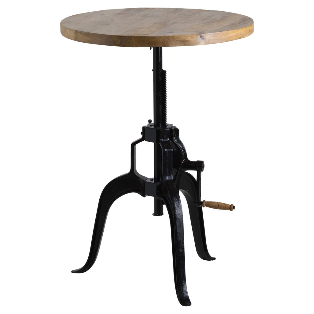 Adjustable industrial bistro table with weathered wood top and black metal frame, perfect for dining or workspaces. by sostter at brixbailey.com