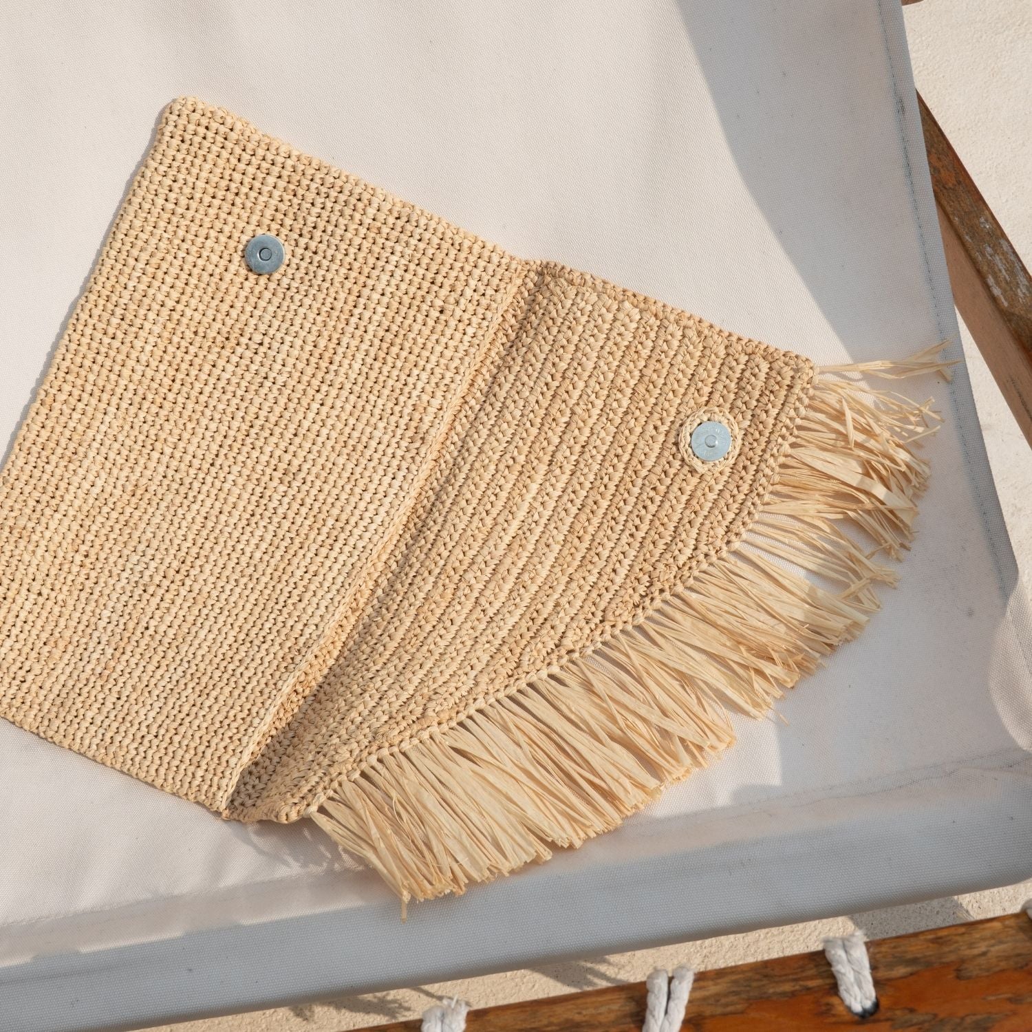 Beige Raffia Pouch with Fringe
