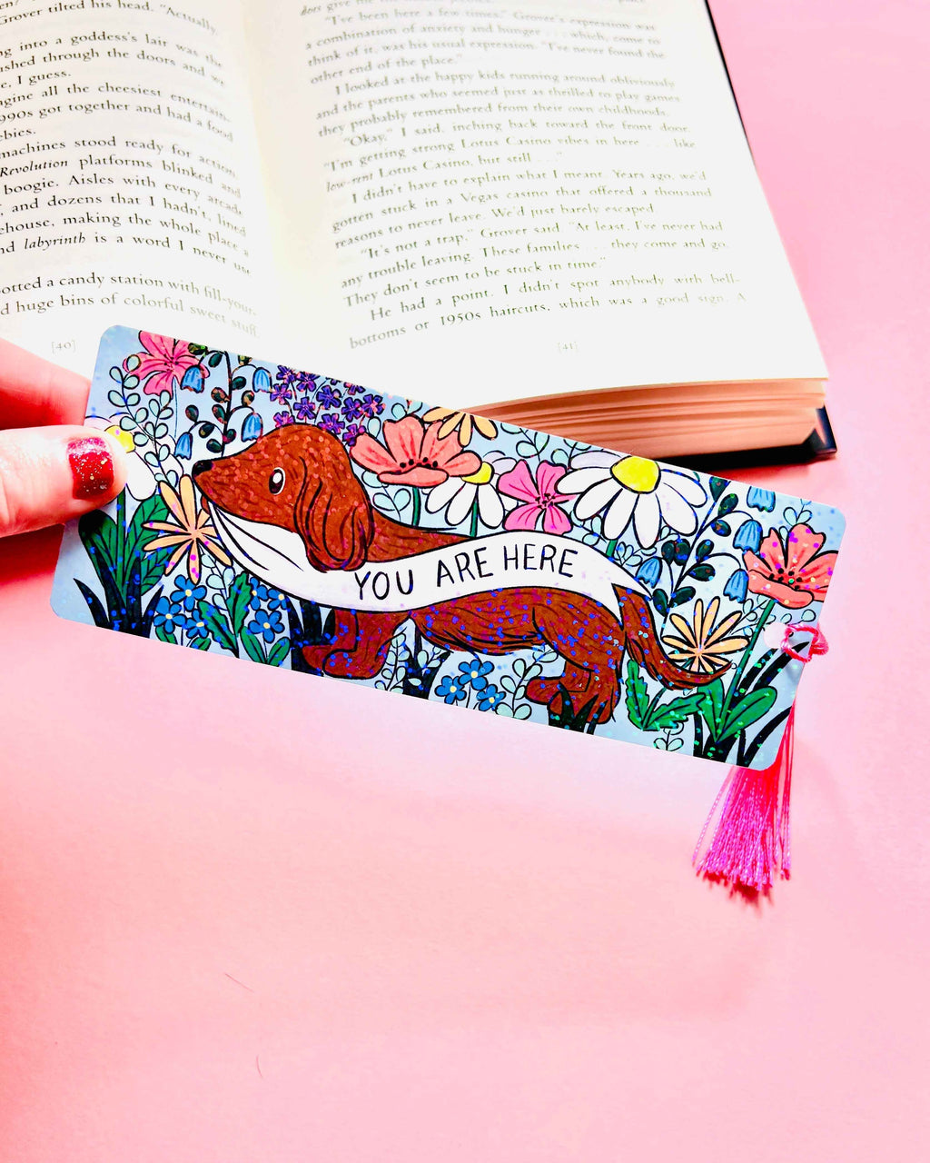 Cute Dachshund Holographic Bookmark with Tassel