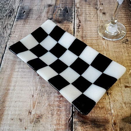 Chequered White and Colour Large Fused Glass Tray 21x12cm