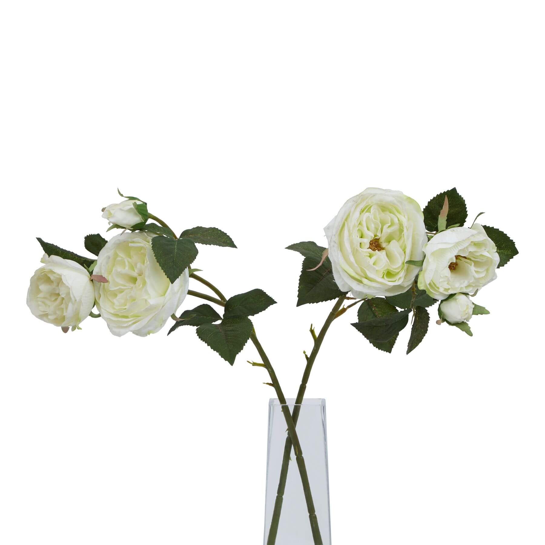 Artificial white charity rose with creamy petals and green foliage, lifelike botanical decor for farmhouse or Scandinavian interiors. by sostter at brixbailey.com