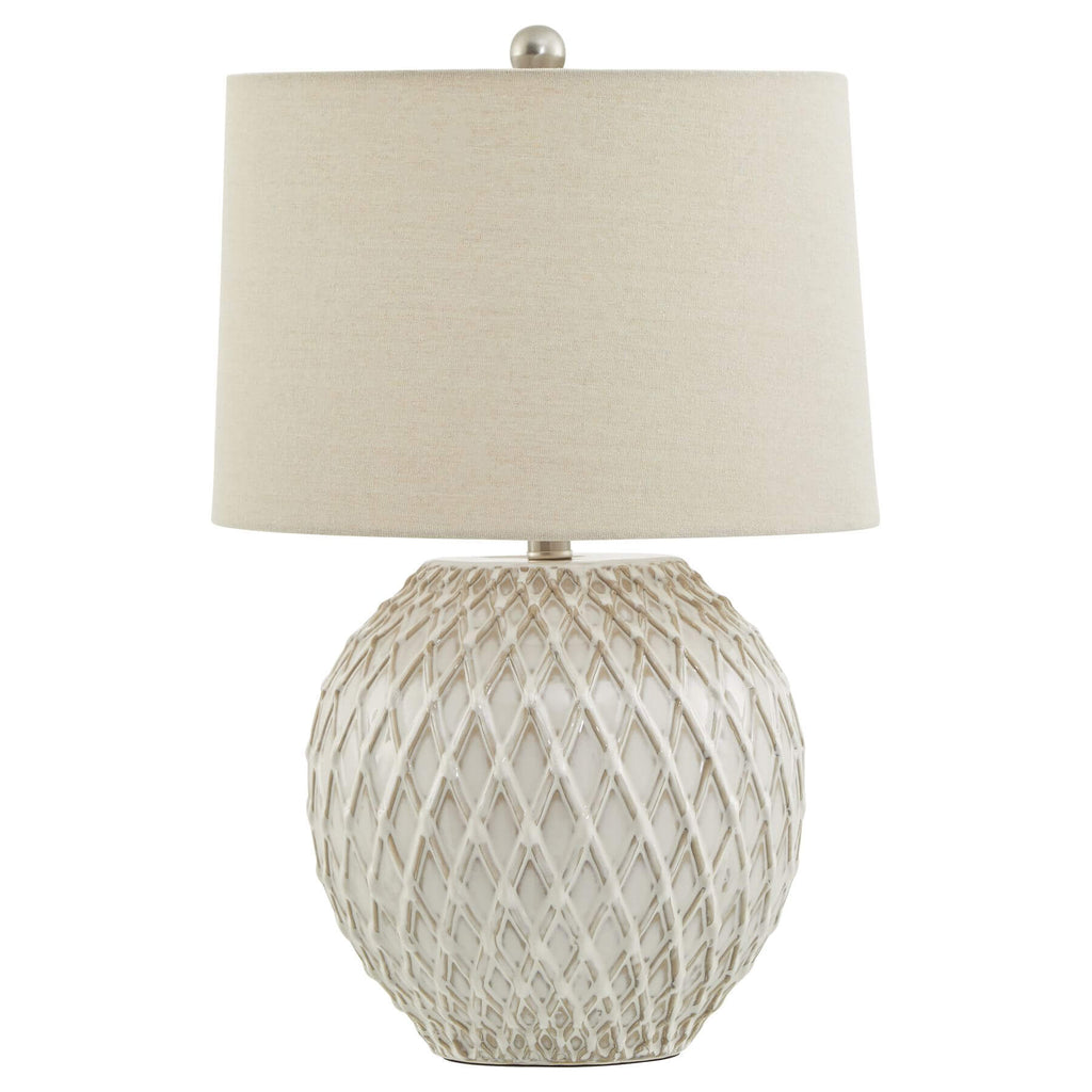 White ceramic lattice table lamp with linen shade, handcrafted for modern or traditional decor, warm ambient lighting by RoomLondon at brixbailey.com