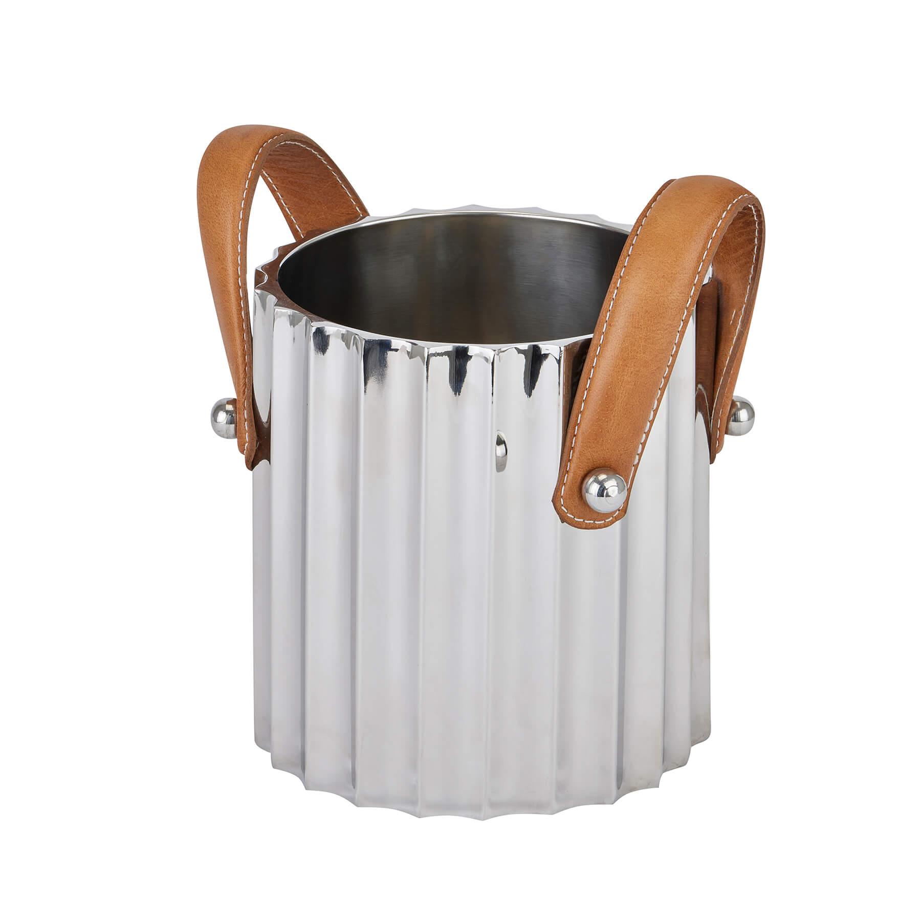 Silver fluted champagne cooler with leather handles, stainless steel construction, and light-reflecting ridges. by RoomLondon at brixbailey.com