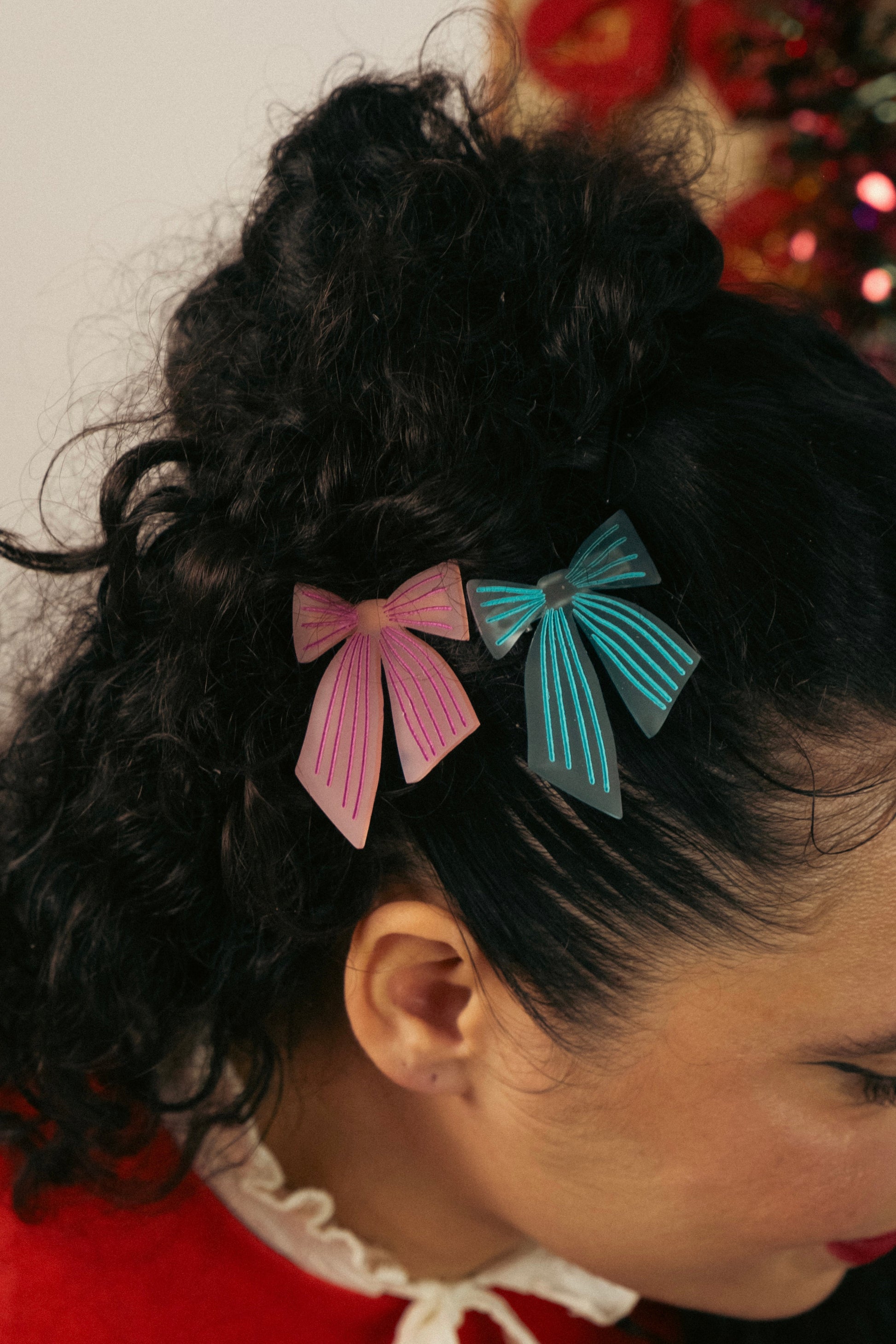 Pink and Blue Striped Bow Hair Clips Set of 2