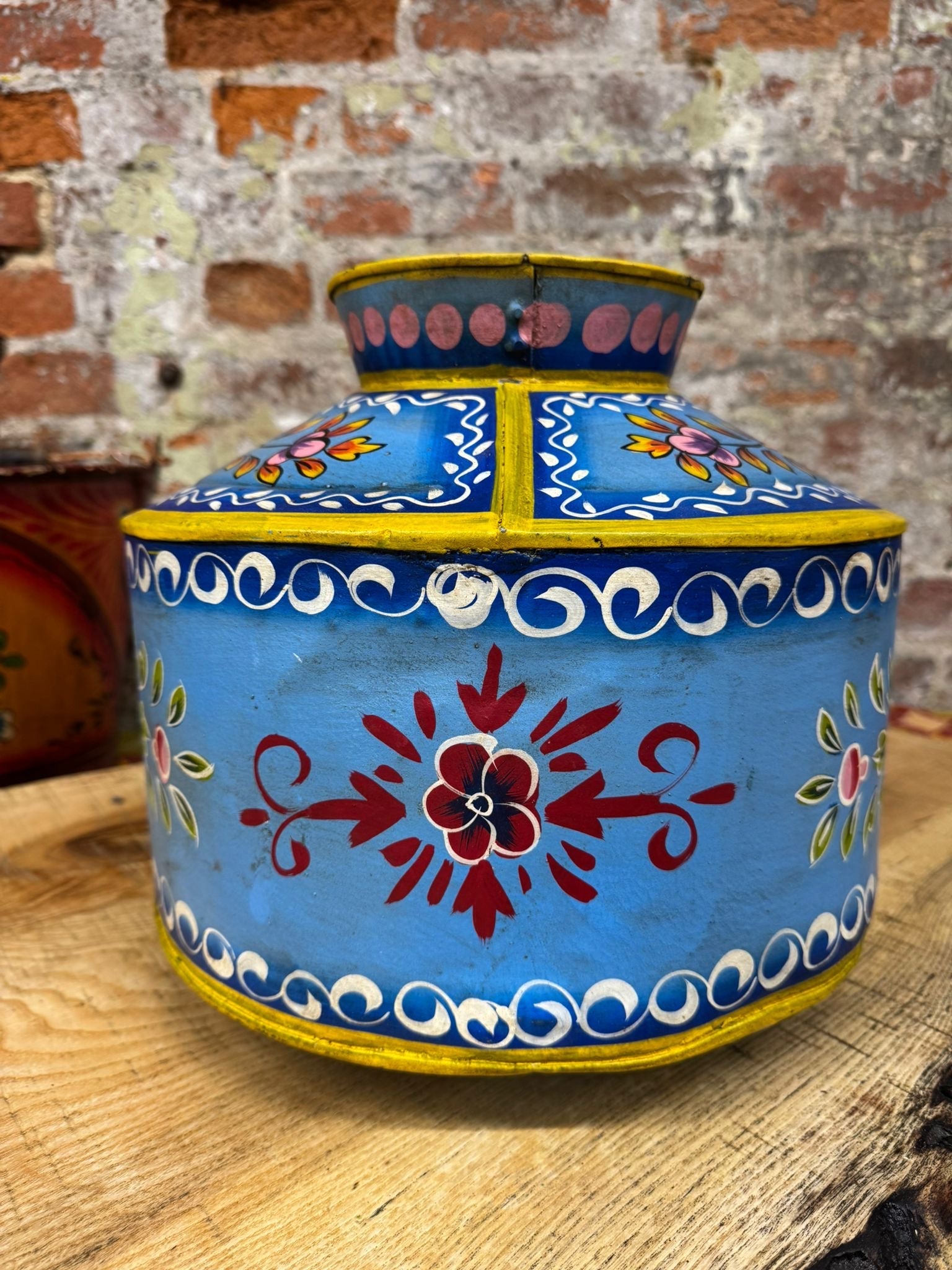 Vintage Painted Metal Water Pot and Planter