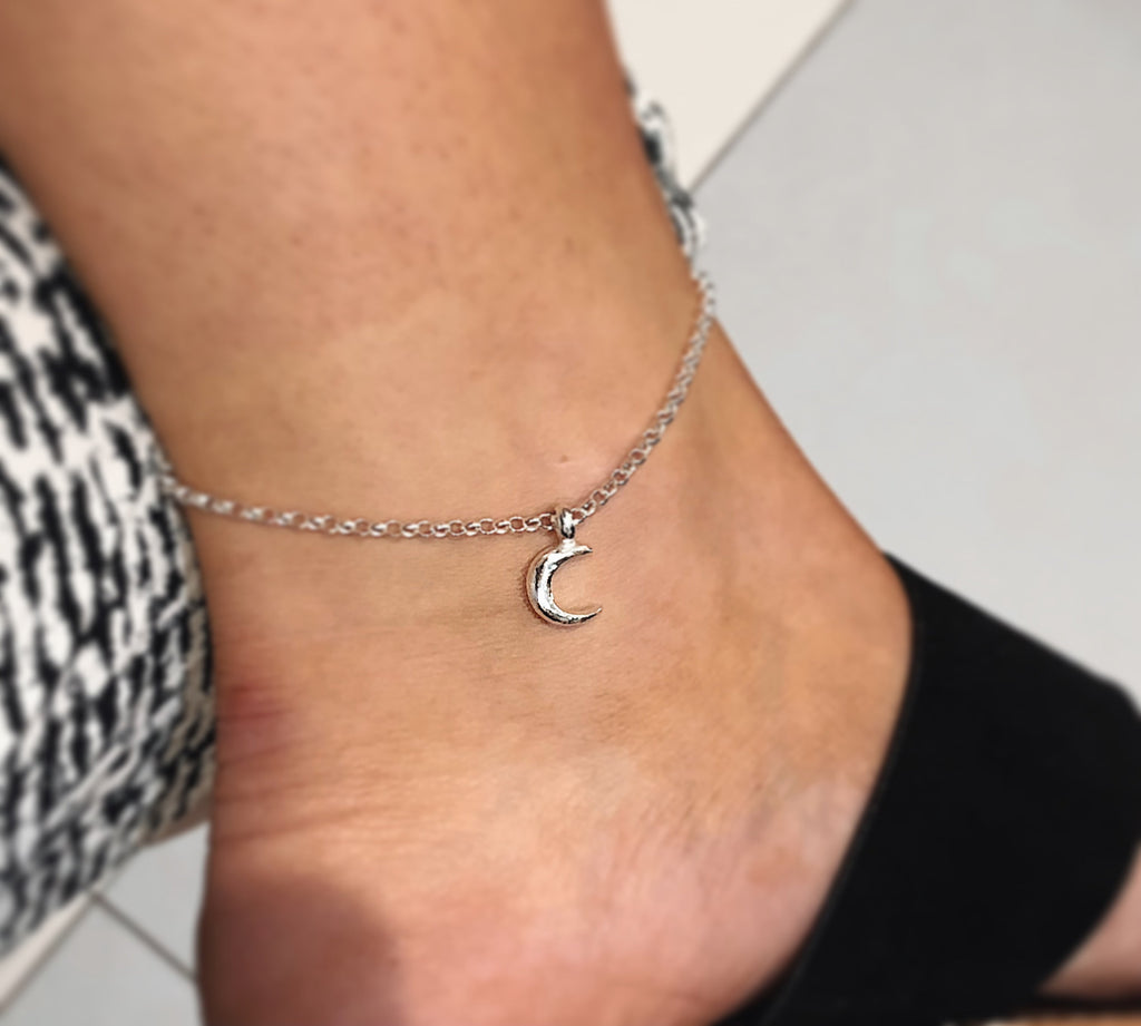 Crescent Moon Chain Anklet in Sterling Silver