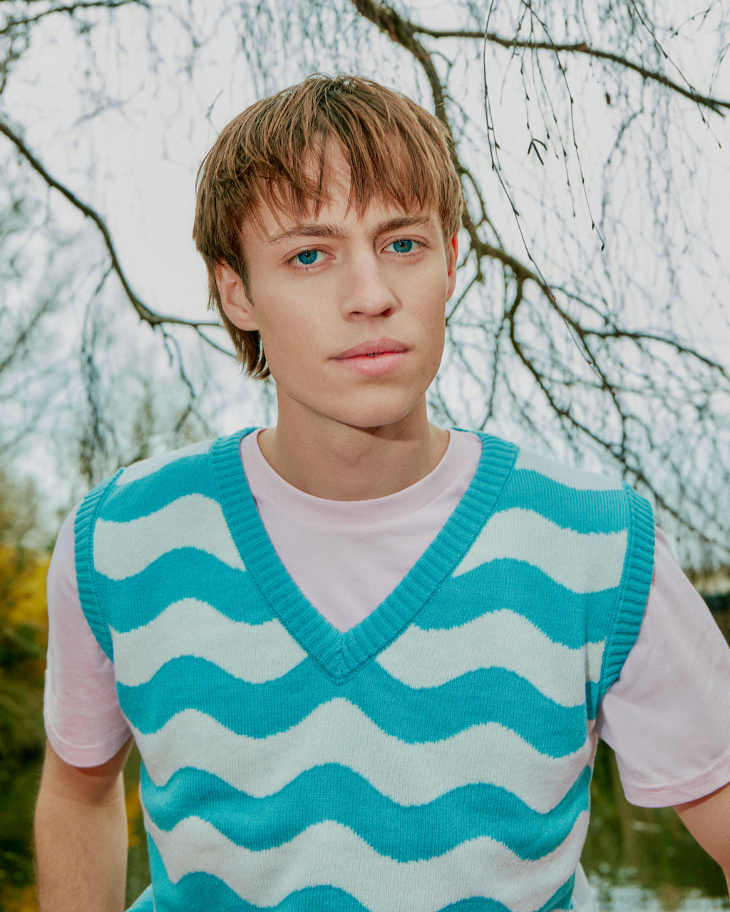 Waves Wool Cashmere Vest Blue White