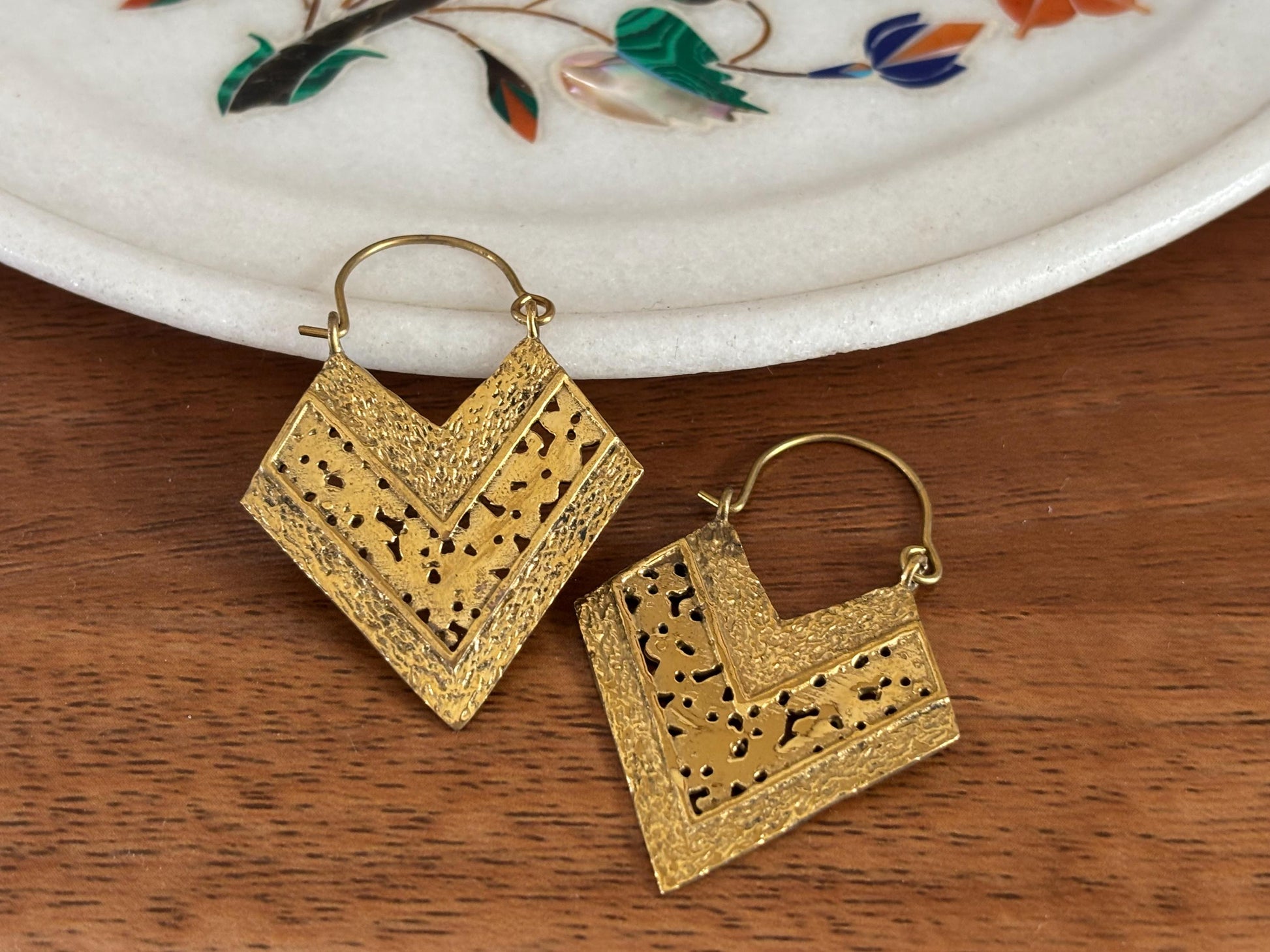 Textured Chevron Statement Earrings in Antique Gold
