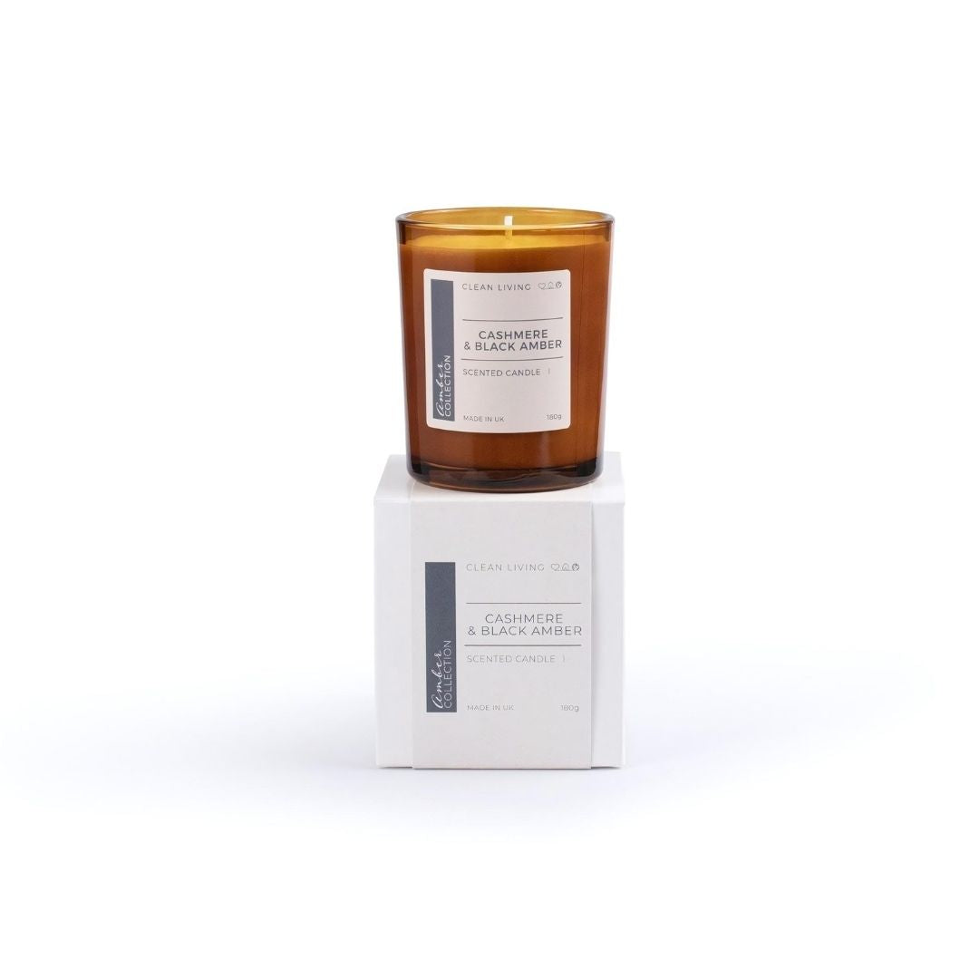 20cl Amber Glass Candle with Cashmere and Black Amber Fragrance