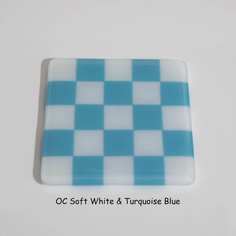 10cm Chequered Soft White Fused Glass Coaster