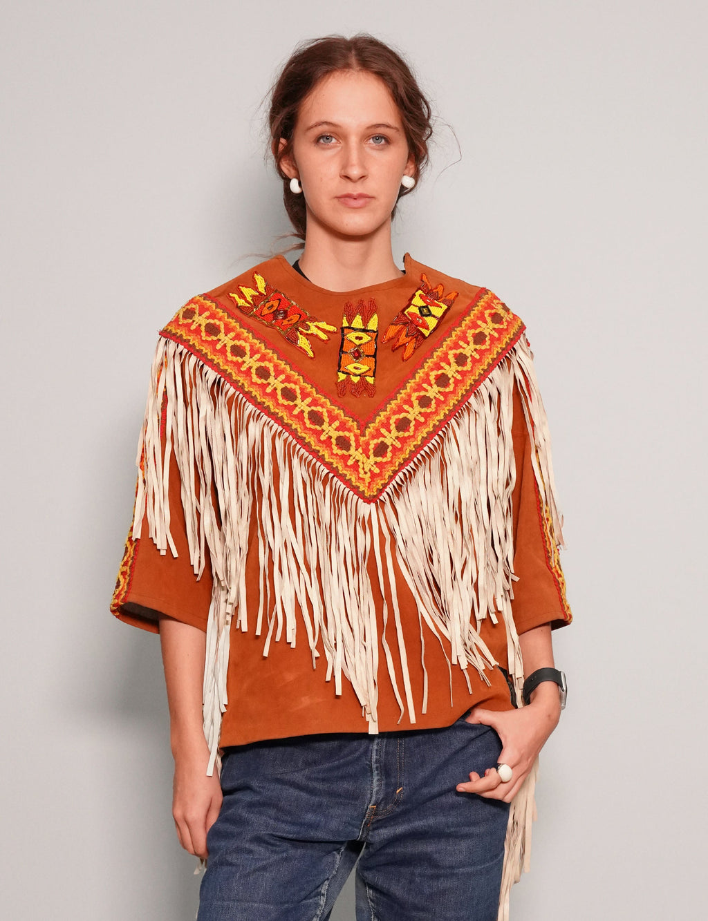Aztec Leather Jacket with Tassel Detail