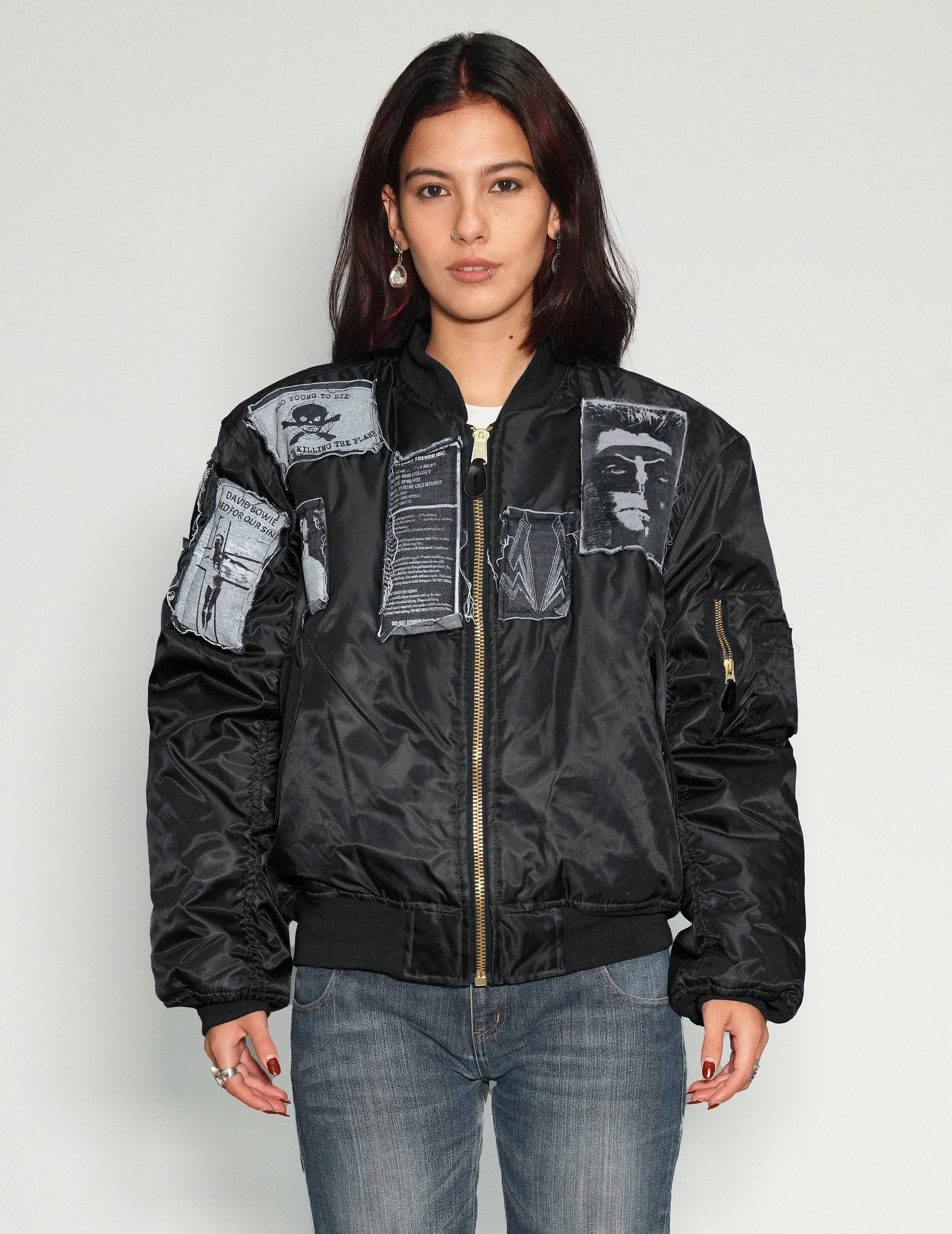 Black MA1 Bomber Jacket with Vintage Patches