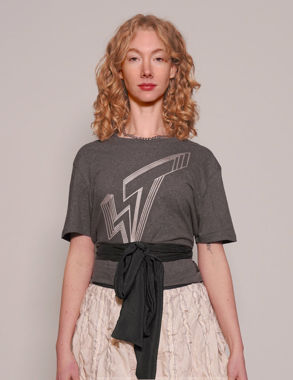 Grey Cropped T-Shirt with Black Silk Tie Detail