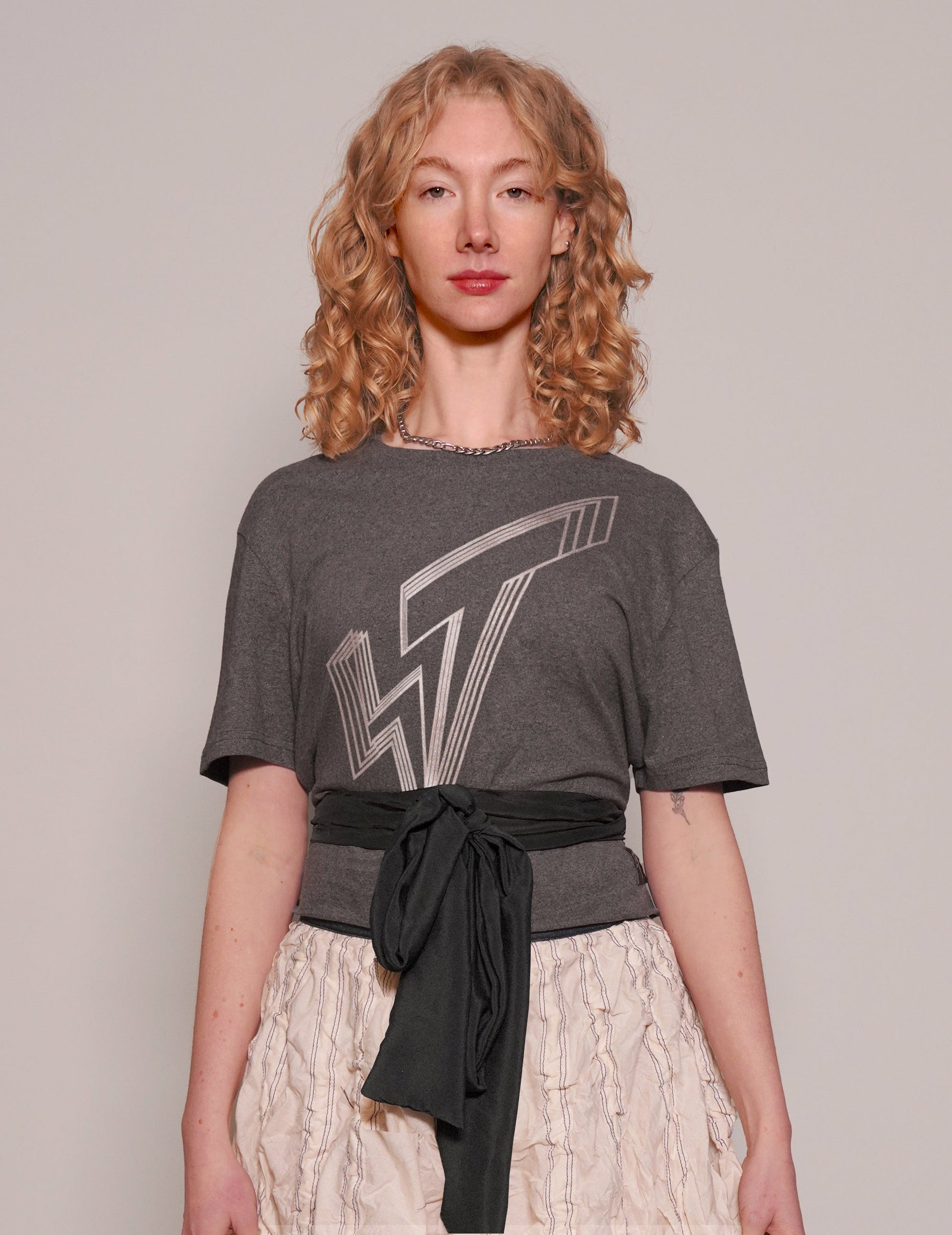 Grey Cropped T-Shirt with Black Silk Tie Detail