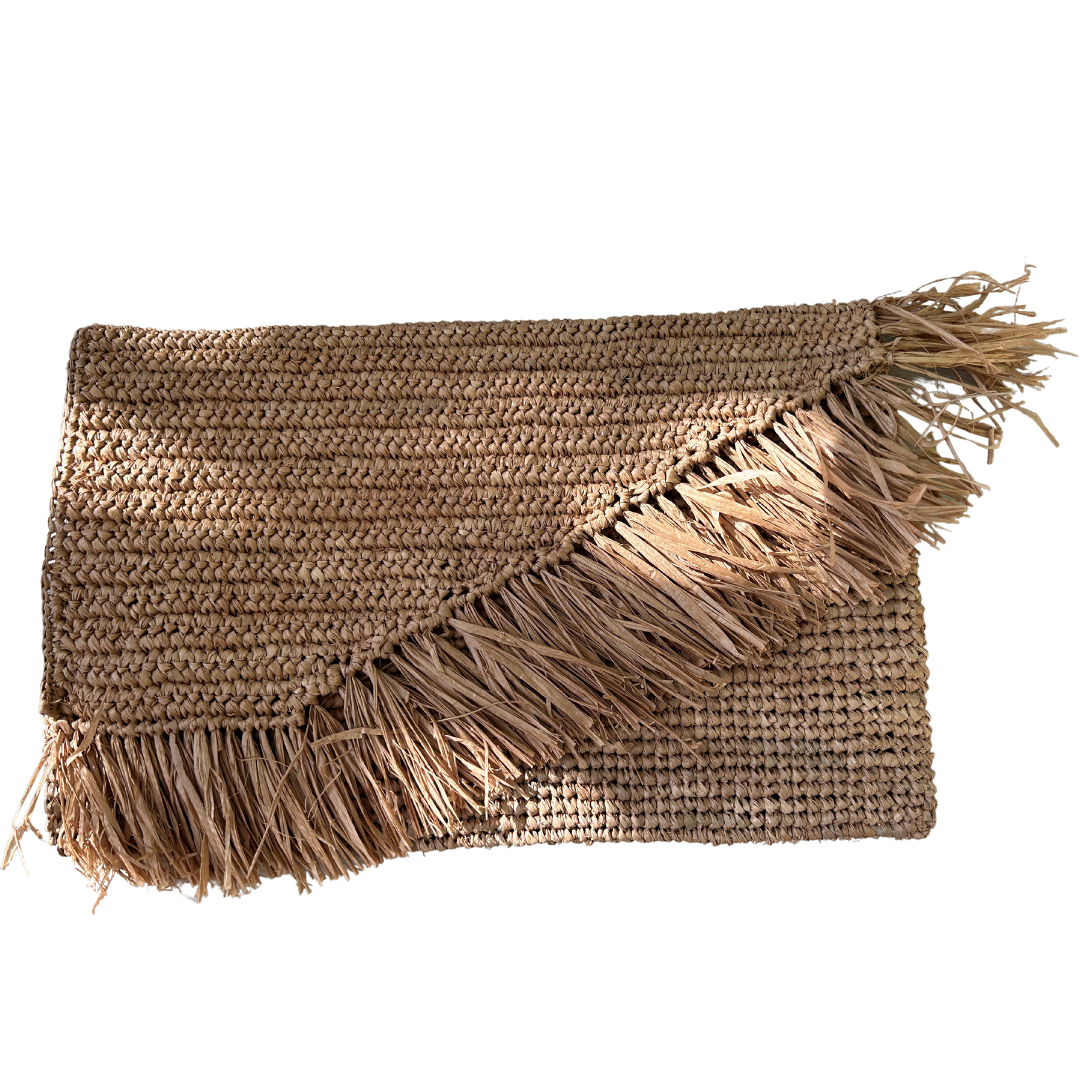 Caramel Raffia Pouch with Fringe