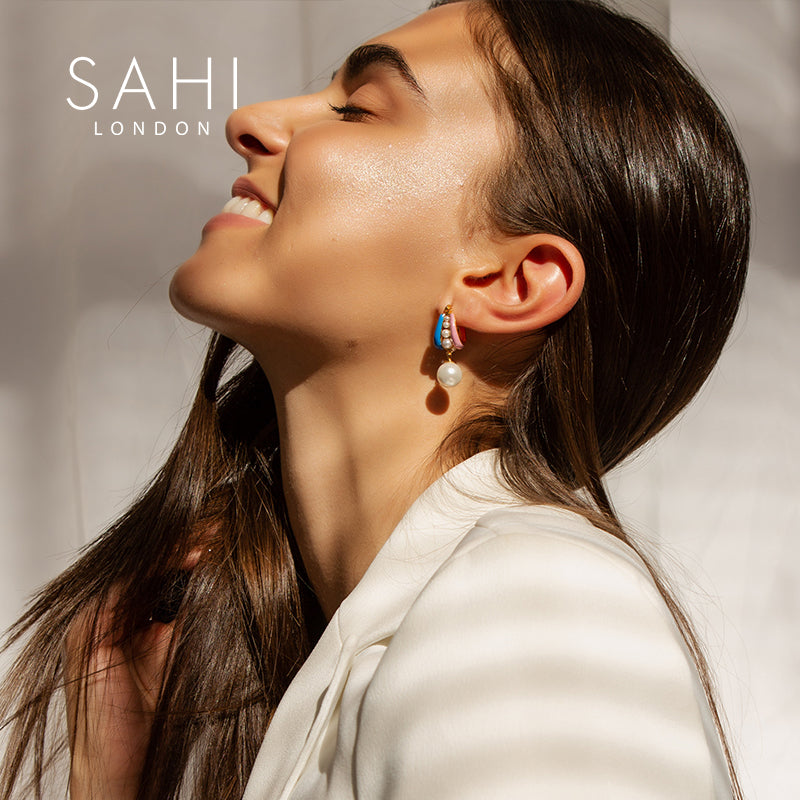 Fantasy Pearl Drop Earrings in Blue, Pink and Gold