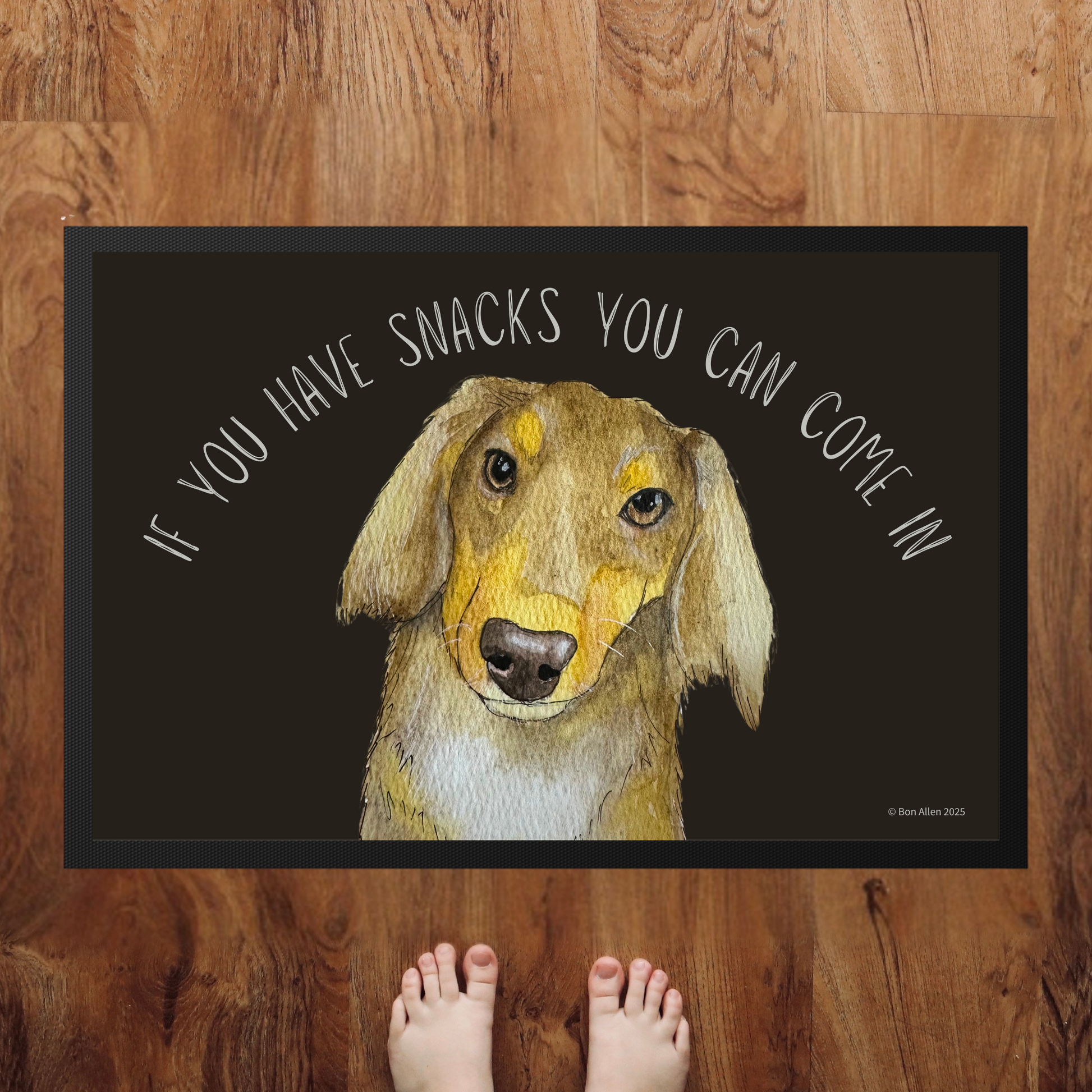 Long Haired Dachshund Doormat with Snacks Slogan