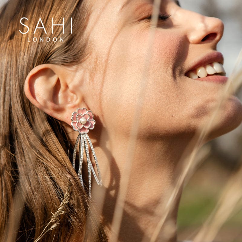 Gold Enameled Camellia Bear Dangling Earrings