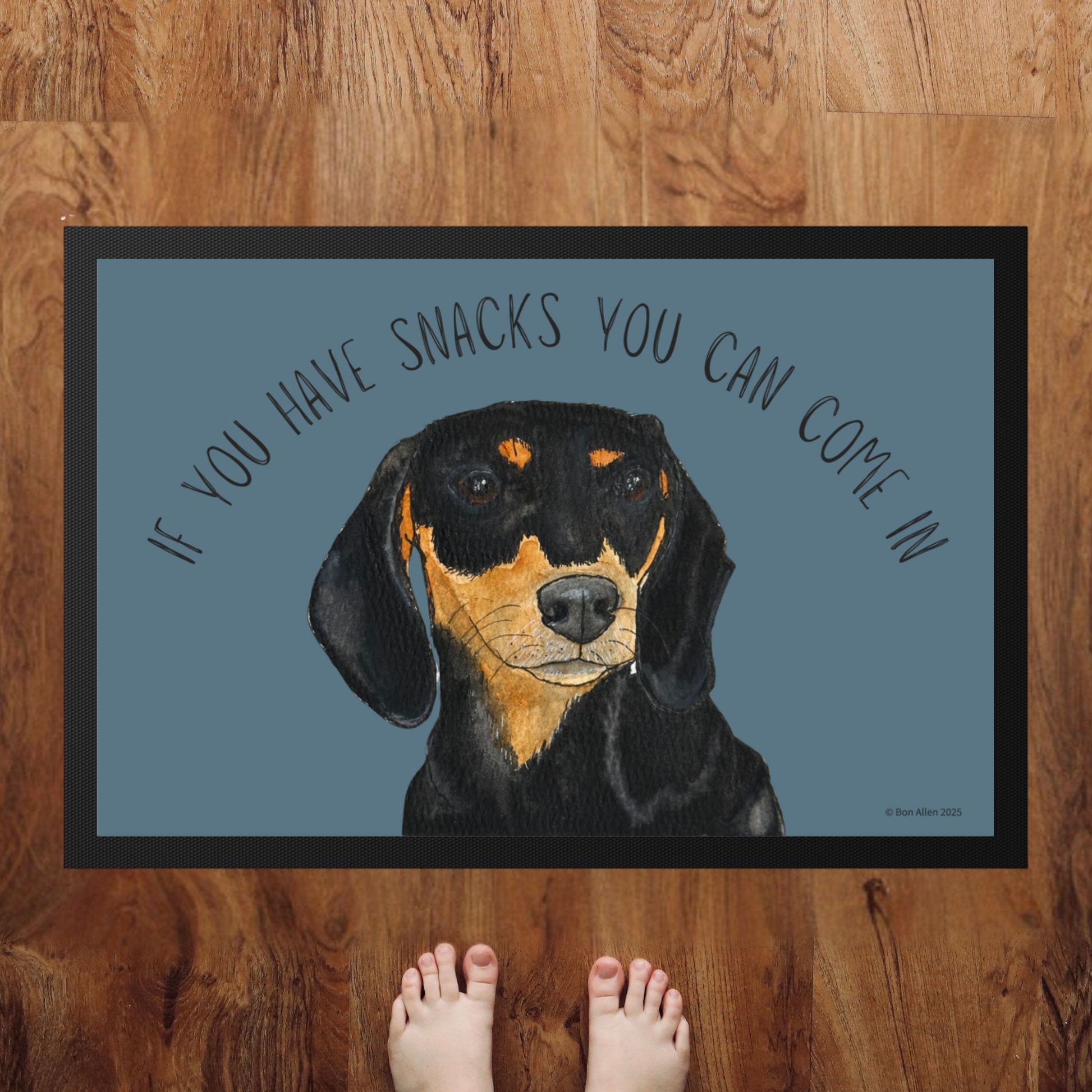 Black and Tan Dachshund Doormat with Snacks Slogan