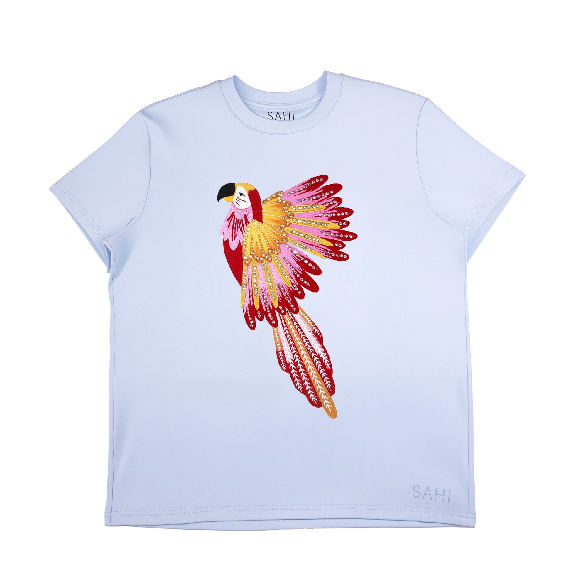 Cotton Embroidered Parrot T-Shirt with Beads and Thread