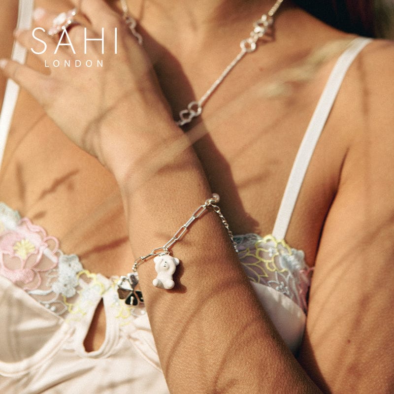 Gold Enameled Pearl Bear Chain Bracelet