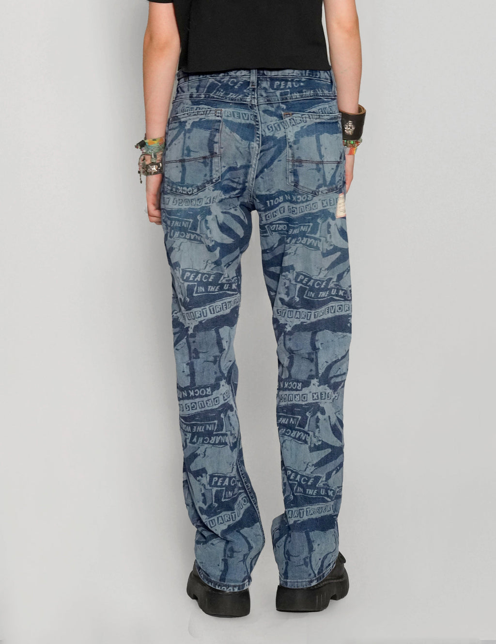 Peace Laser Print Jeans in Blue